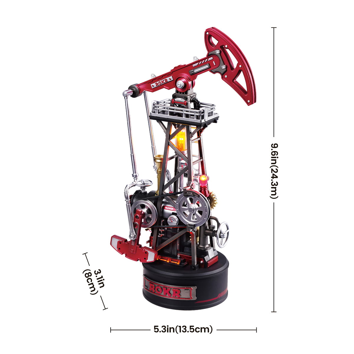 Mechanical model of a pumpjack with dimensions indicated on a white background