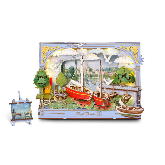 Wooden-Town Red Boats 3D Wooden Puzzle Wall Art with LED Light1