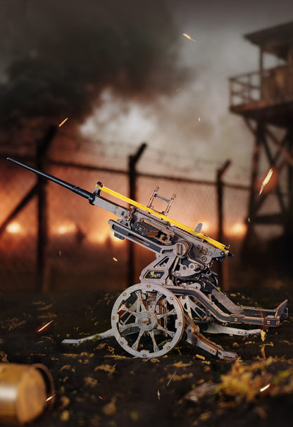 Model of a cannon with a fiery background and barbed wire fence