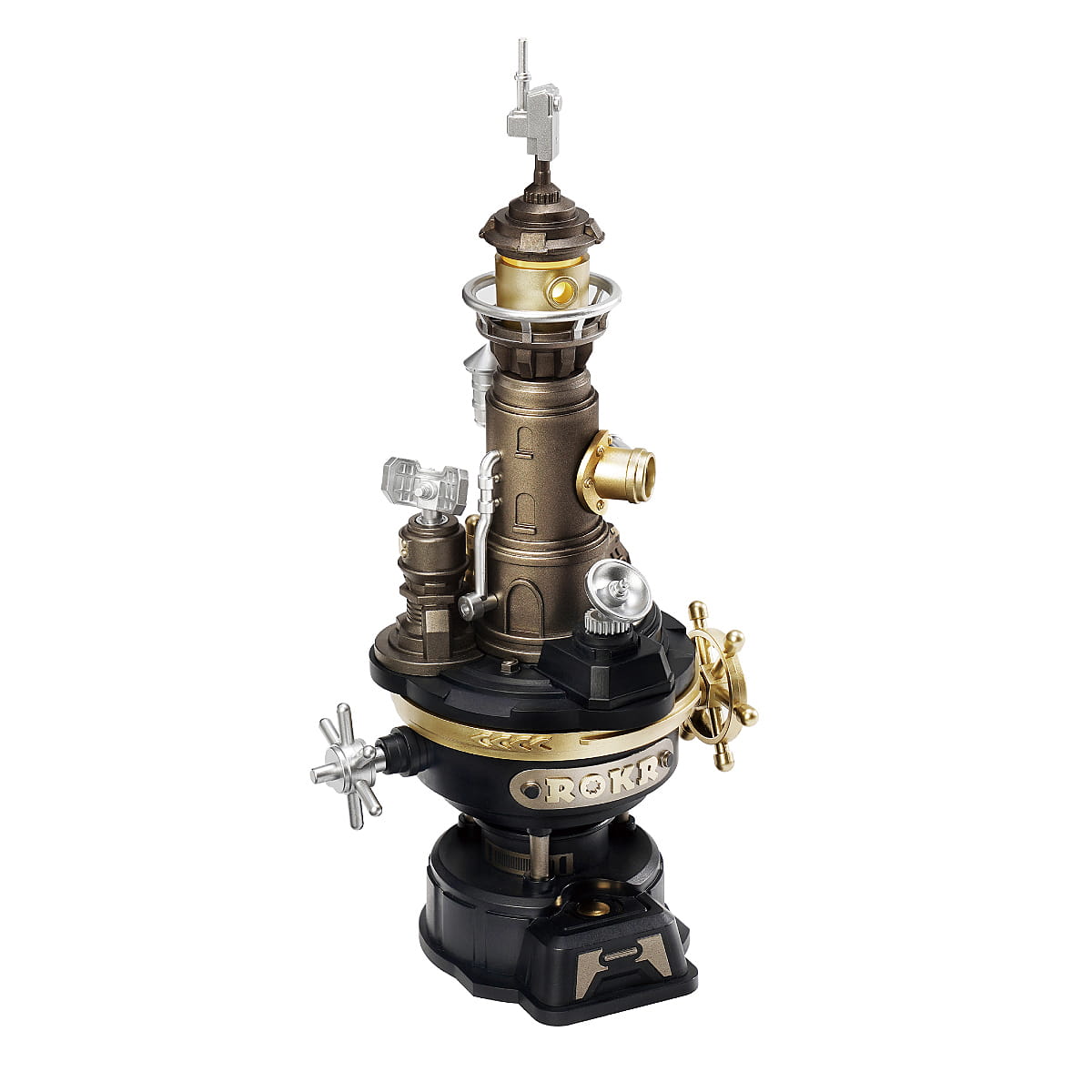 Vintage-style mechanical device with brass and black components on a white background