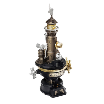Vintage-style mechanical device with brass and black components on a white background