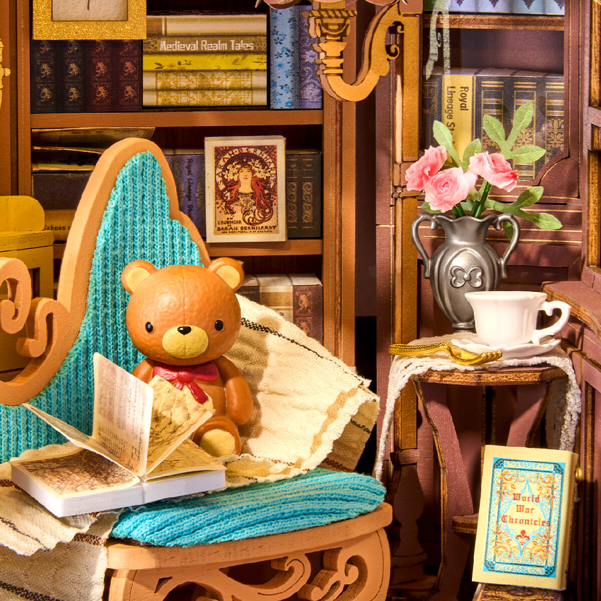 Miniature teddy bear sitting on a chair with books and flowers in a cozy room setting.