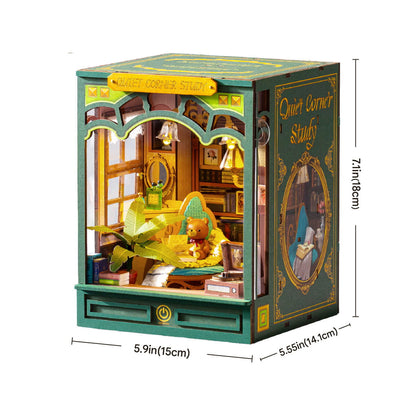 Decorative box with miniature interior scene and dimensions displayed