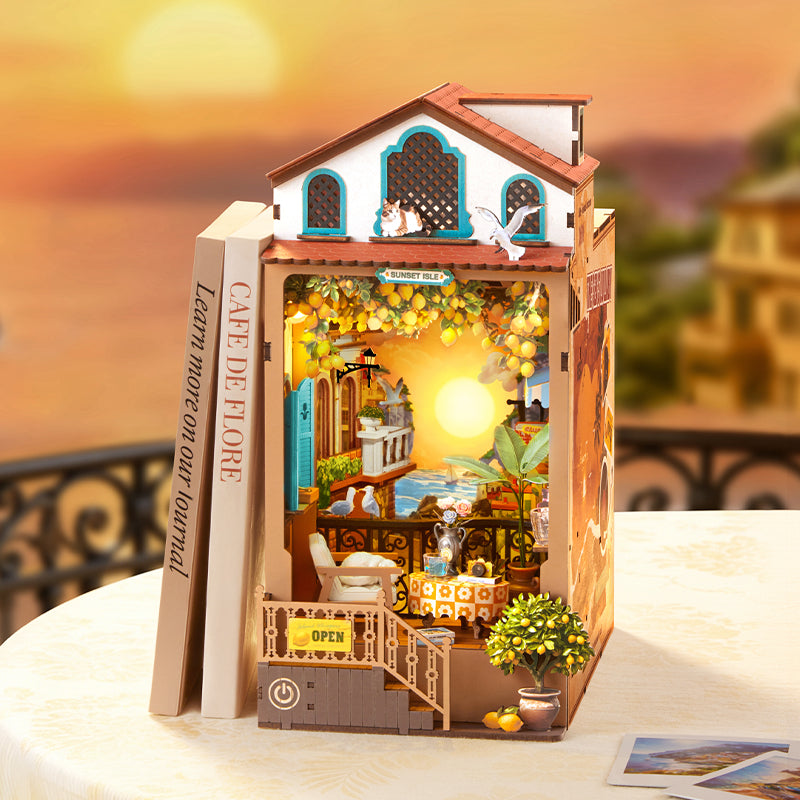 Miniature model of a cafe with detailed interior on a table