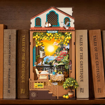 Miniature model of a building with books titled 'Tales of the Grotesque' on a wooden shelf.