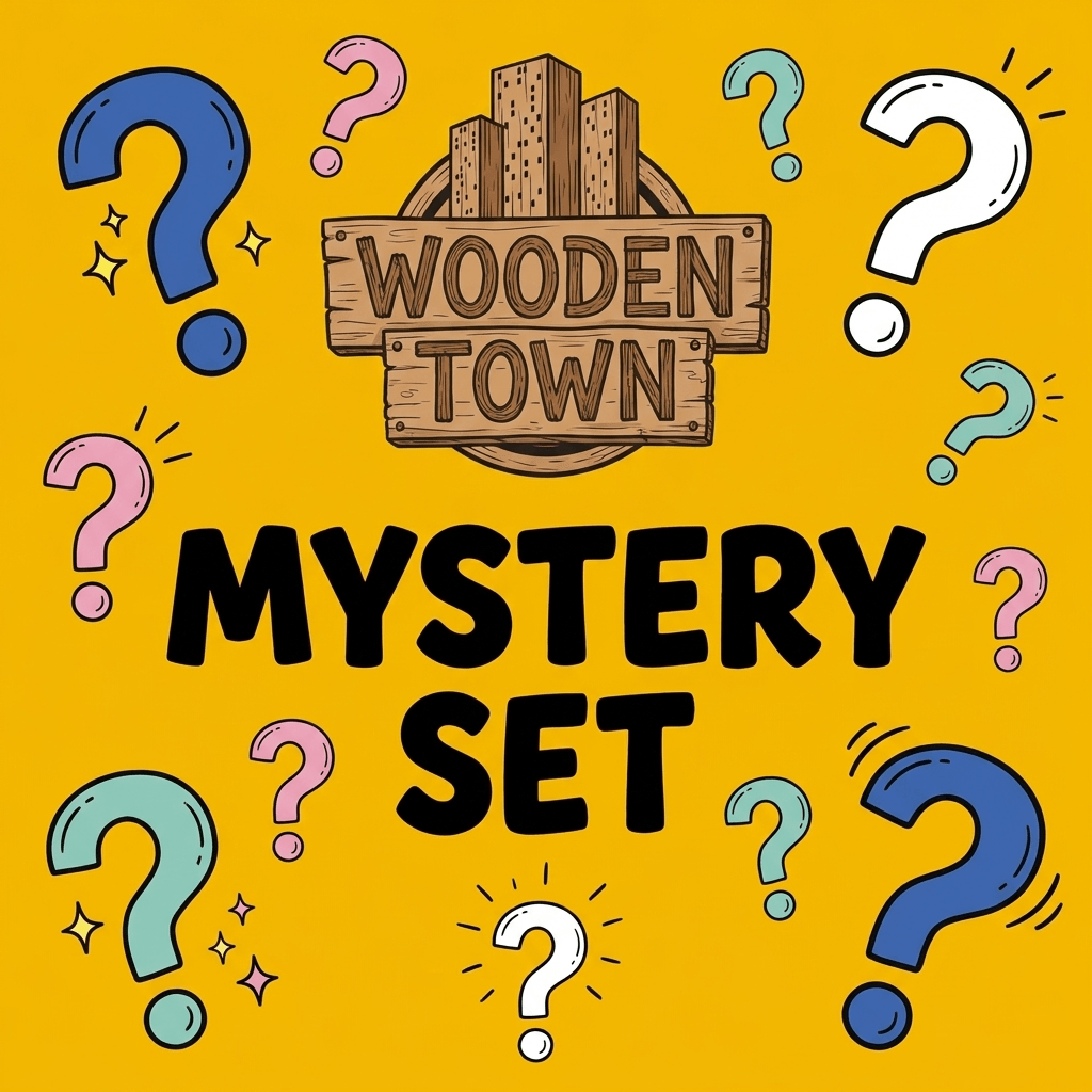 Wooden Town Mystery Set, Yellow background and question marks