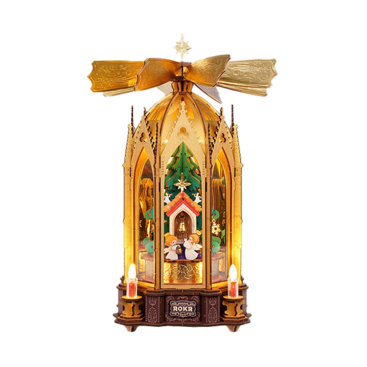Wooden-Town Angel's Christmas Pyramid 3D wooden puzzle music box – finished golden pyramid with angel scene and lit candles on a white background