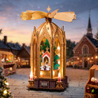 Wooden-Town Angel's Christmas Pyramid 3D wooden puzzle music box – glowing pyramid on a snowy village street at dusk with a church behind it