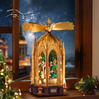 Wooden-Town Angel's Christmas Pyramid 3D wooden puzzle music box – lit pyramid on a windowsill at night with melody notes for Christmas Is Coming
