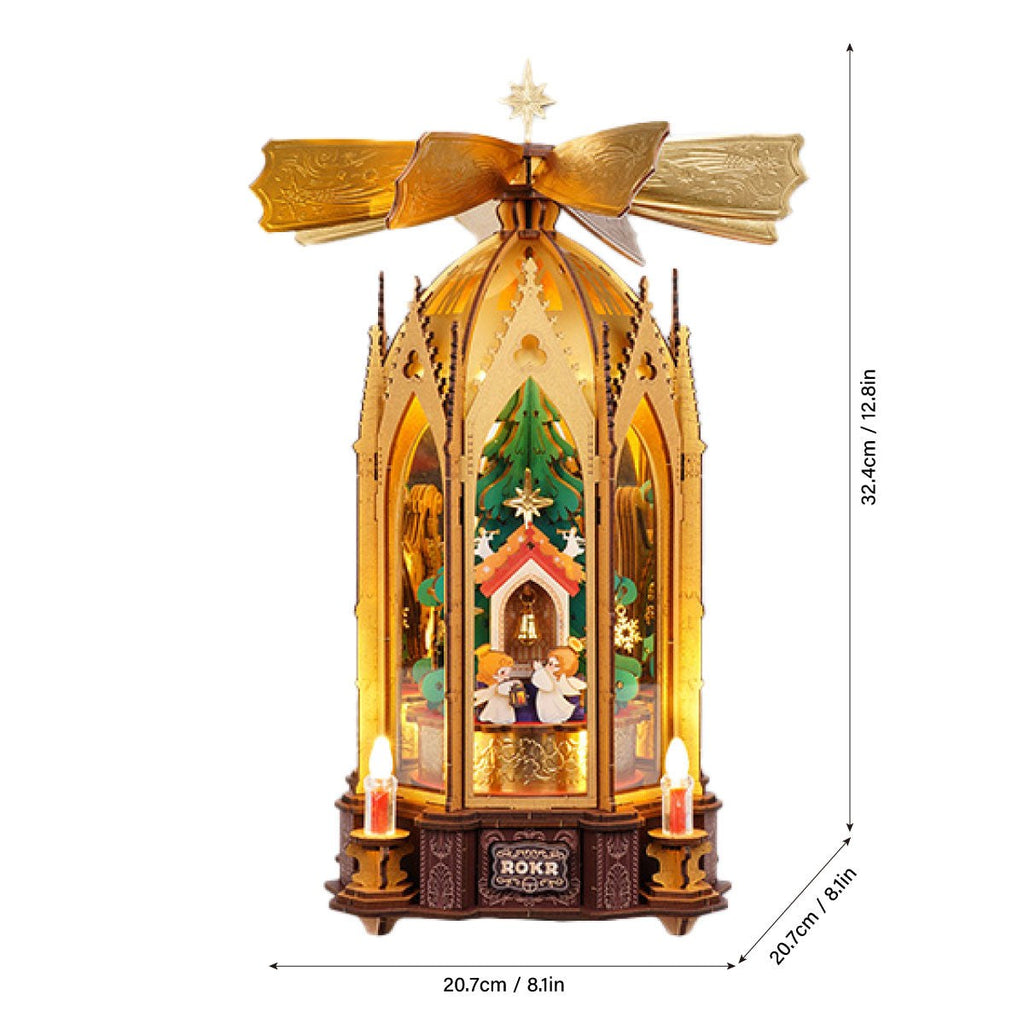 Wooden-Town Angel's Christmas Pyramid 3D wooden puzzle music box – dimensions graphic, 20.7 × 20.7 × 32.4 cm (8.1 × 8.1 × 12.8 in)