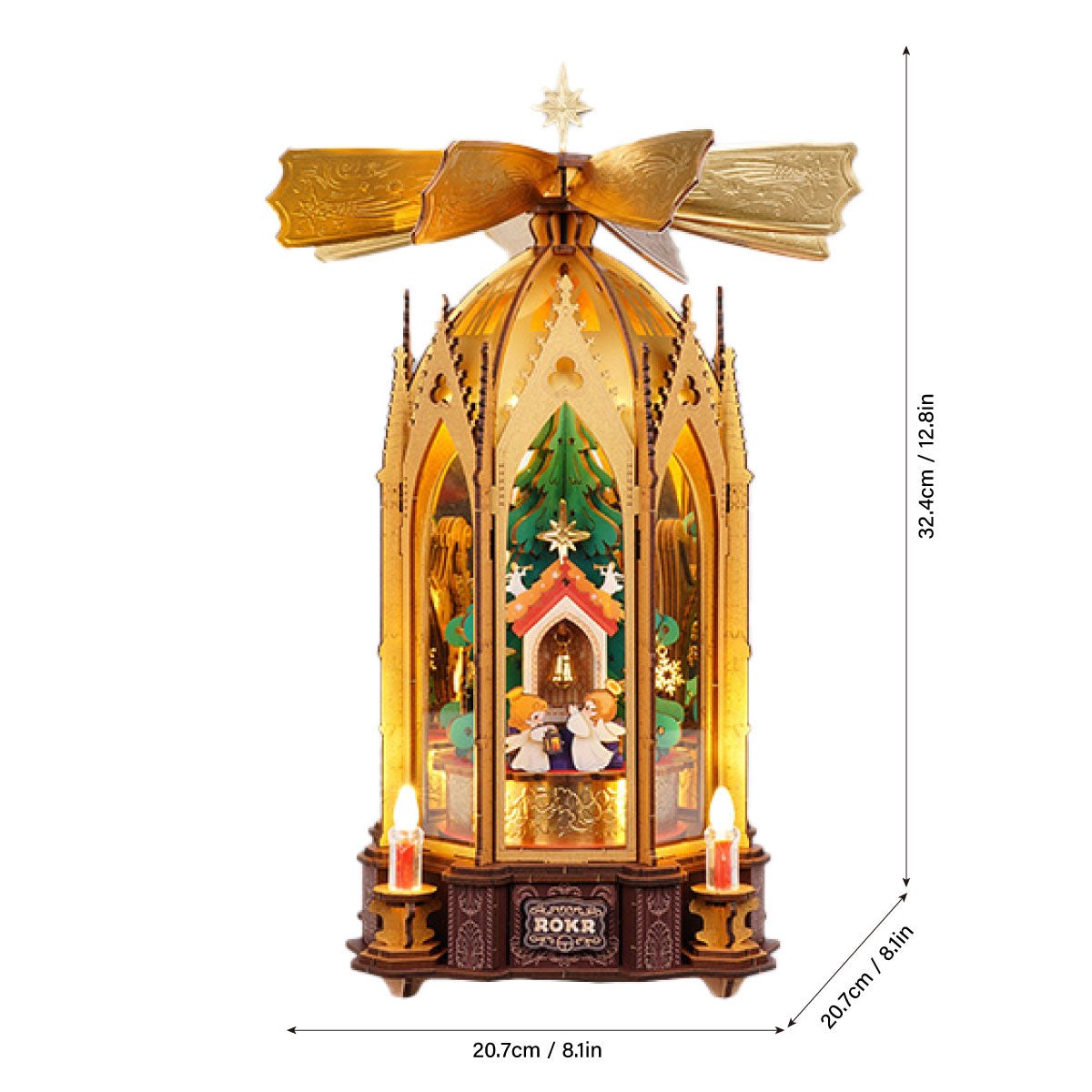 Wooden-Town Angel's Christmas Pyramid 3D wooden puzzle music box – dimensions graphic, 20.7 × 20.7 × 32.4 cm (8.1 × 8.1 × 12.8 in)