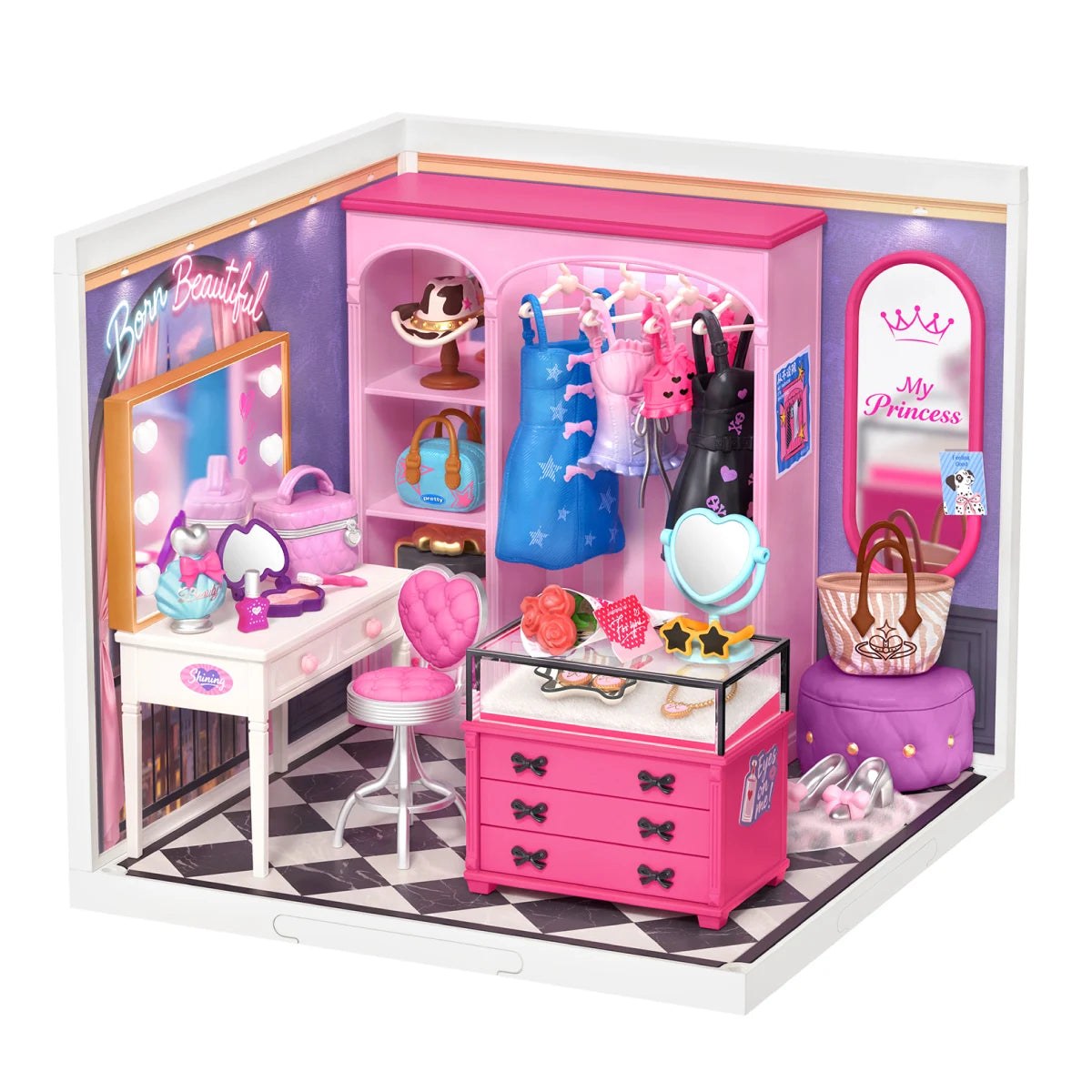 Wooden-Town Baddie Closet Miniature Room Kit – finished pink fashion room with vanity and wardrobe