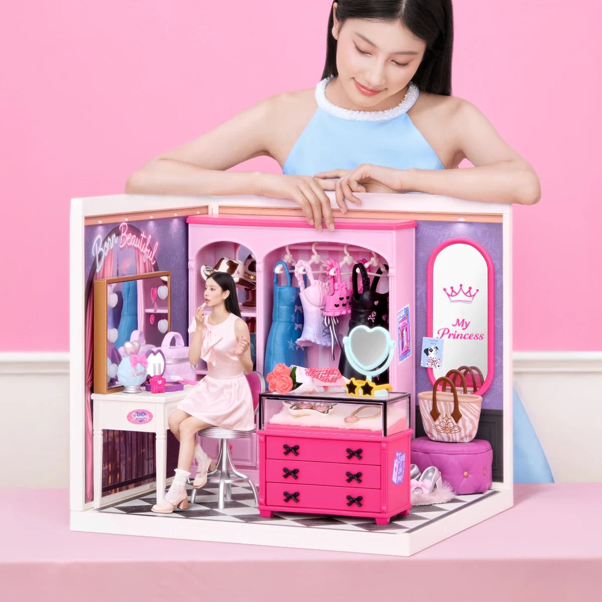 Wooden-Town Baddie Closet Miniature Room Kit – finished room shown next to a person for scale