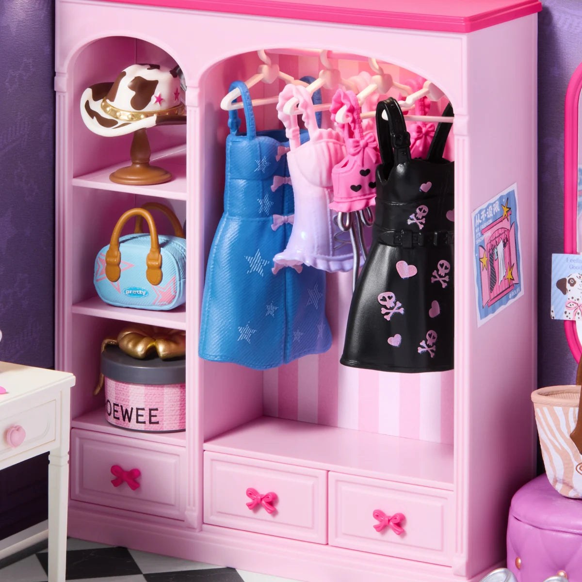 Wooden-Town Baddie Closet Miniature Room Kit – pink wardrobe with dresses, hat and handbag