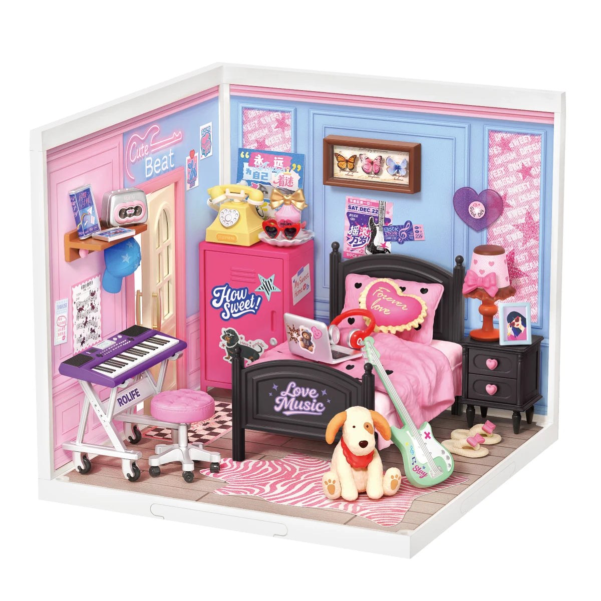 Wooden-Town Bedroom Pop Miniature Room Kit – finished pink-and-blue music lover's bedroom