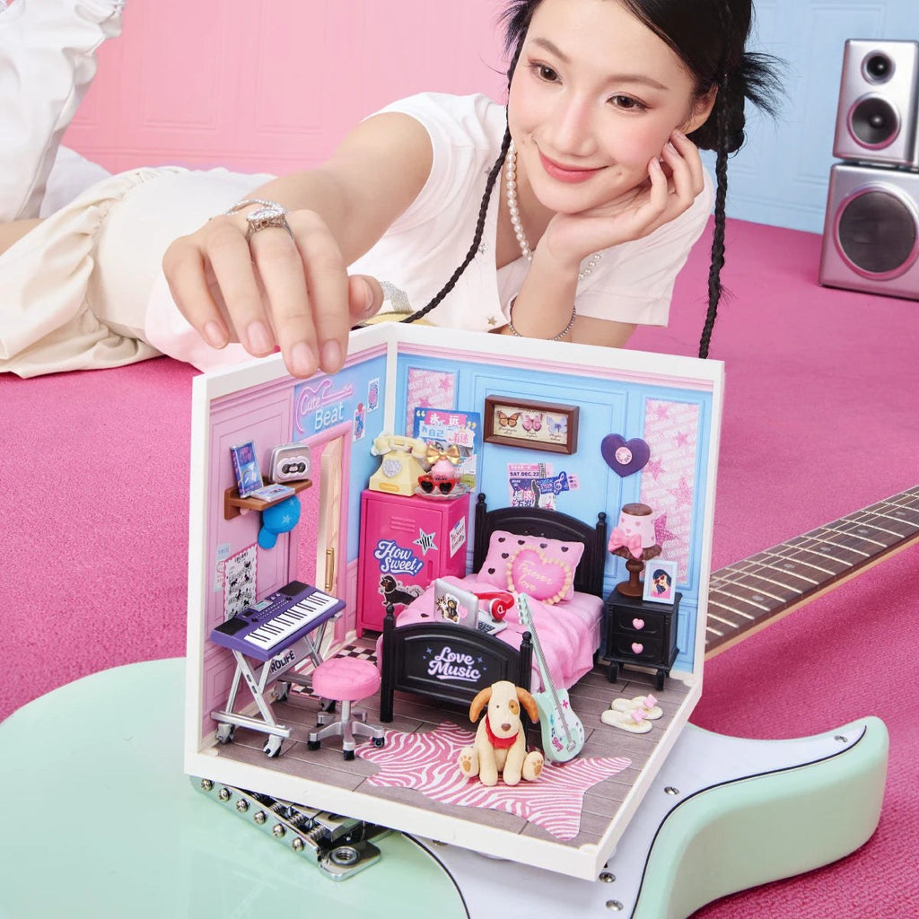 Wooden-Town Bedroom Pop Miniature Room Kit – finished room shown next to a person for scale