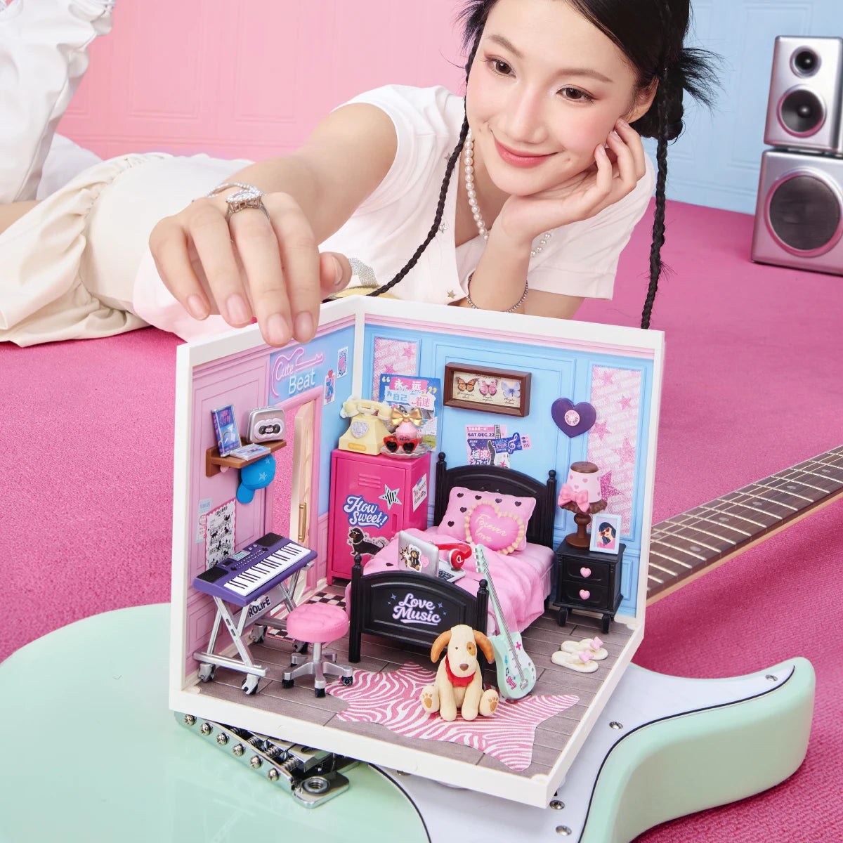 Wooden-Town Bedroom Pop Miniature Room Kit – finished room shown next to a person for scale