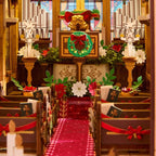 Wooden-Town Caroling Cathedral 3D wooden book nook kit – close-up of the altar with wreath, organ pipes, red carpet and pews