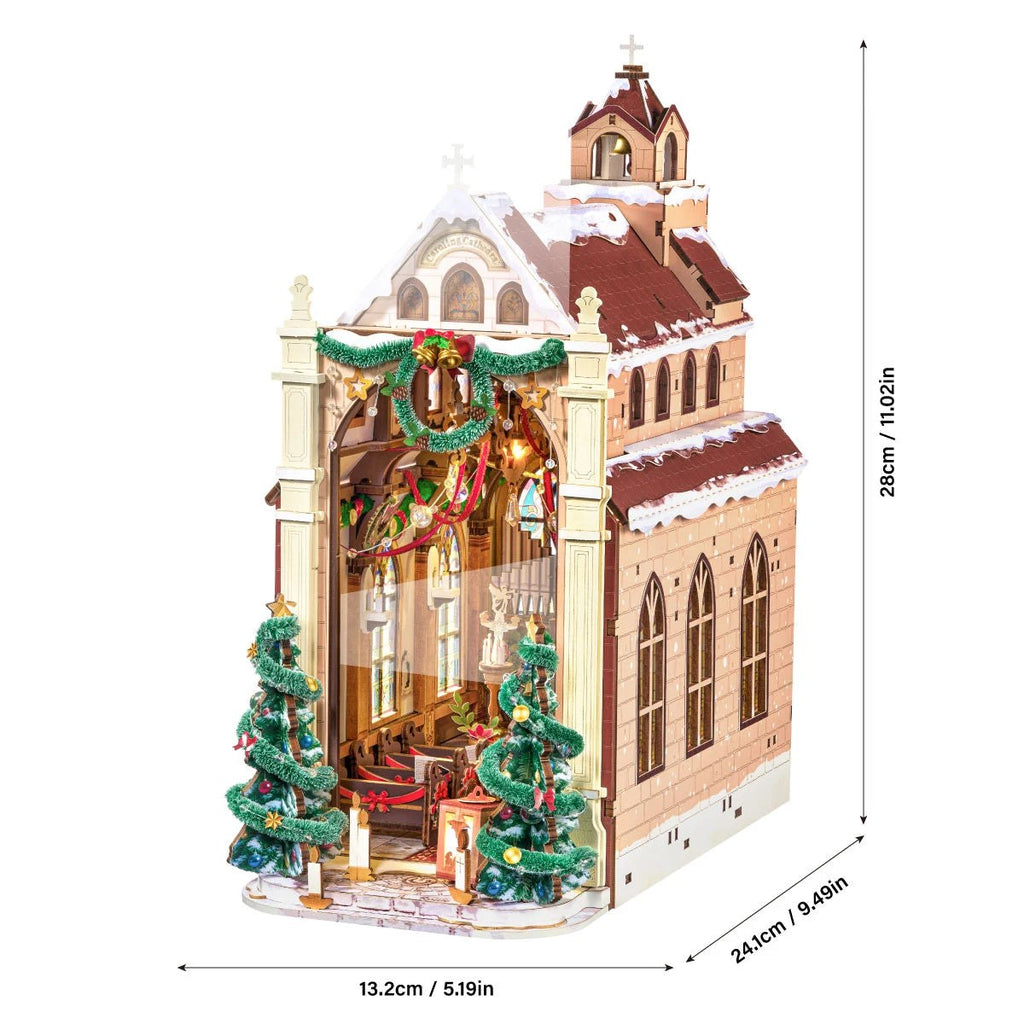 Wooden-Town Caroling Cathedral 3D wooden book nook kit – dimensions graphic, 13.2 × 24.1 × 28 cm (5.19 × 9.49 × 11.02 in)