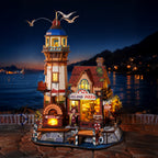 Wooden-Town Chillbay Pizzeria Music Box Kit – glowing with LED lights at night