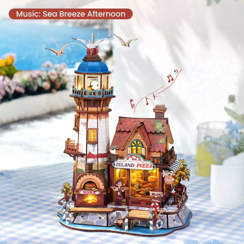 Wooden-Town Chillbay Pizzeria Music Box Kit – playing music on a seaside table