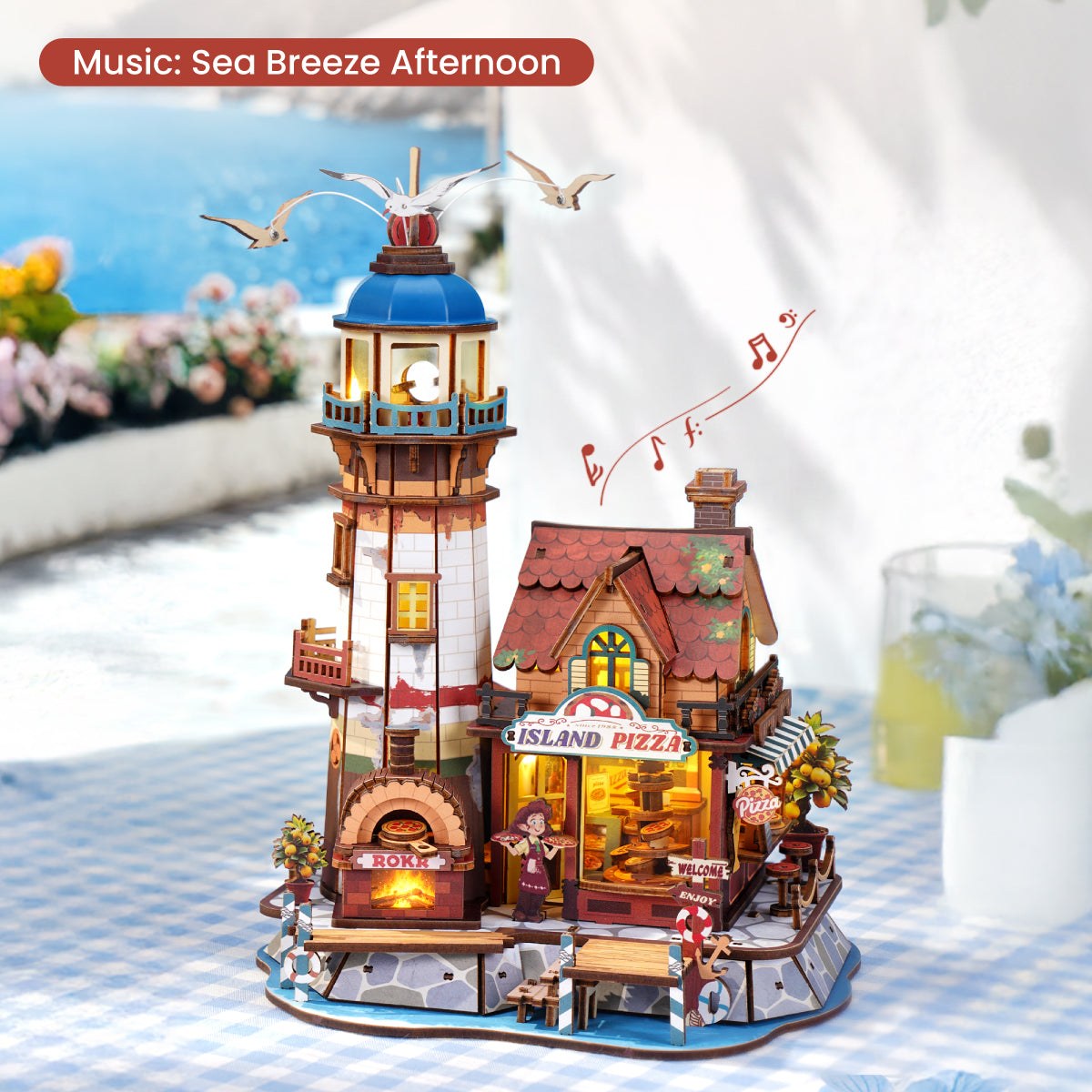 Wooden-Town Chillbay Pizzeria Music Box Kit – playing music on a seaside table