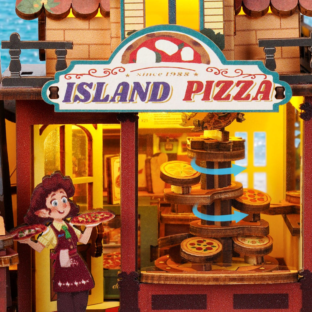 Wooden-Town Chillbay Pizzeria Music Box Kit – rotating pizza rack behind the Island Pizza sign