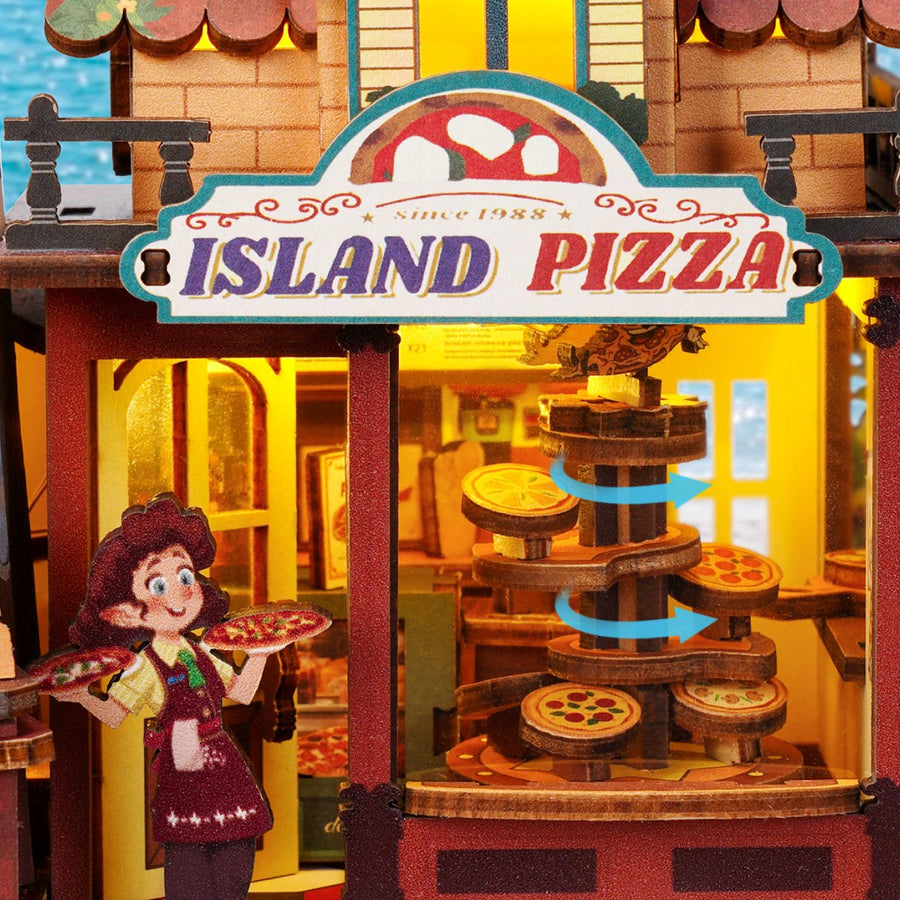 Wooden-Town Chillbay Pizzeria Music Box Kit – rotating pizza rack behind the Island Pizza sign