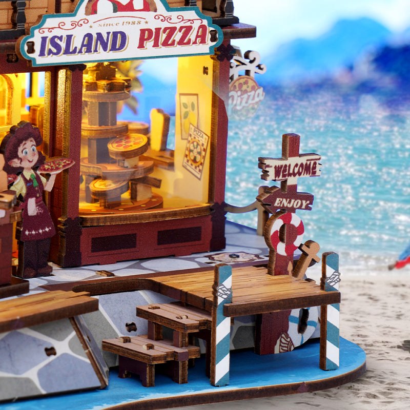 Wooden-Town Chillbay Pizzeria Music Box Kit – wooden dock and welcome signpost
