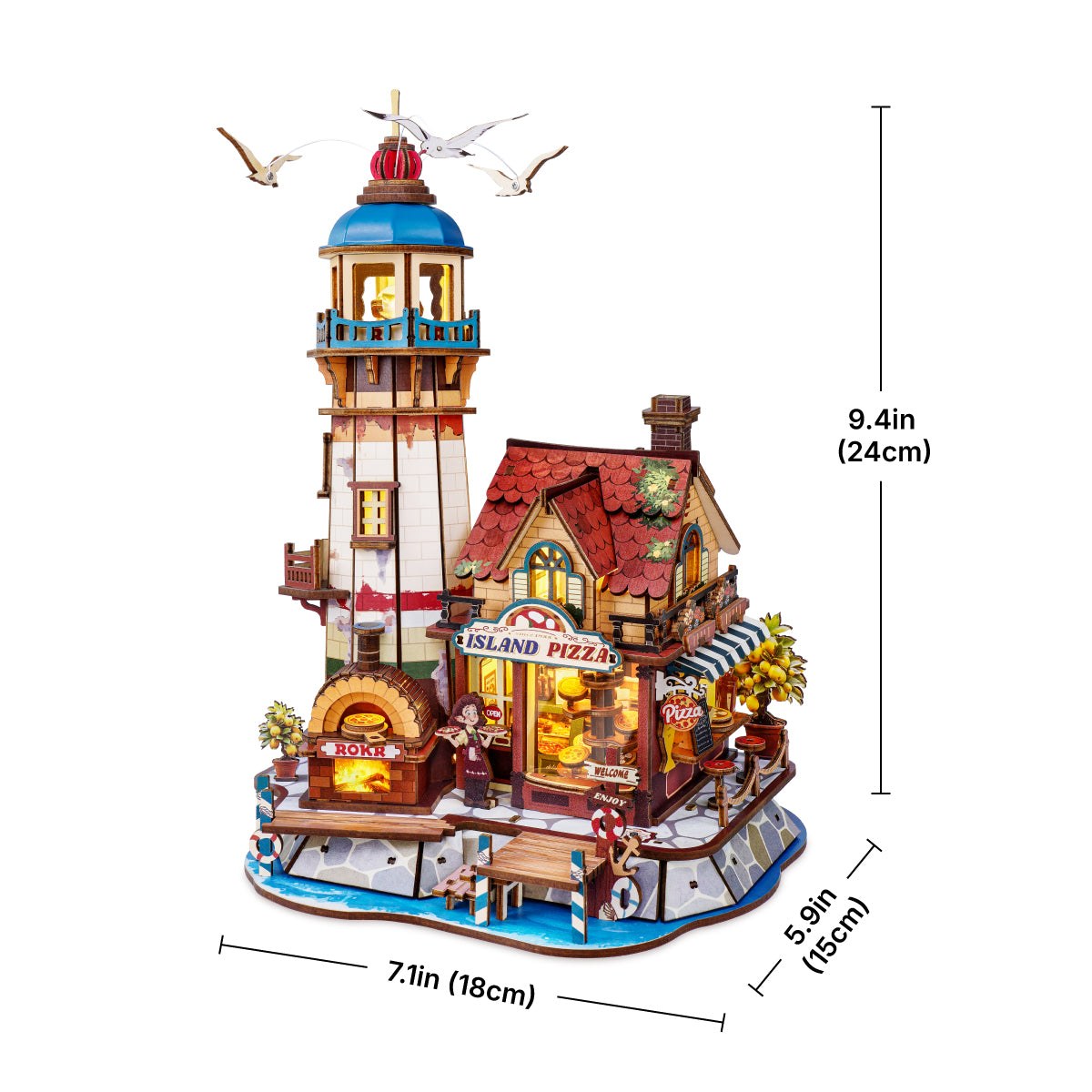 Wooden-Town Chillbay Pizzeria Music Box Kit – assembled size 18 × 15 × 24 cm
