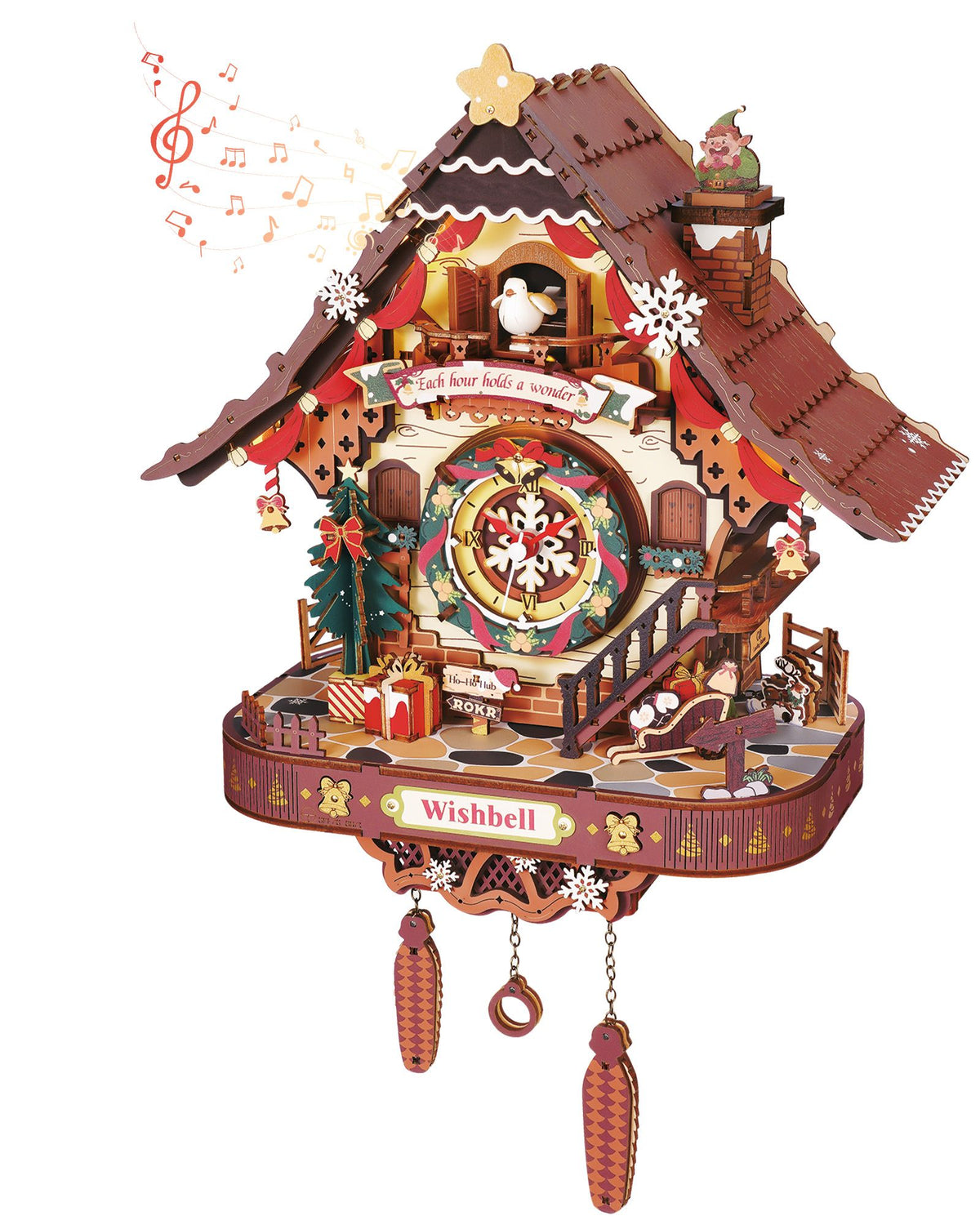 Wooden-Town Christmas Cuckoo Clock 3D wooden puzzle kit – finished clock with snowy roof, snowflake dial and pine cone weights on a white background