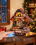 Wooden-Town Christmas Cuckoo Clock 3D wooden puzzle kit – clock on a wooden table by a snowy window with control instructions