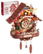 Wooden-Town Christmas Cuckoo Clock 3D wooden puzzle kit – front view of the clock with the kit box behind it