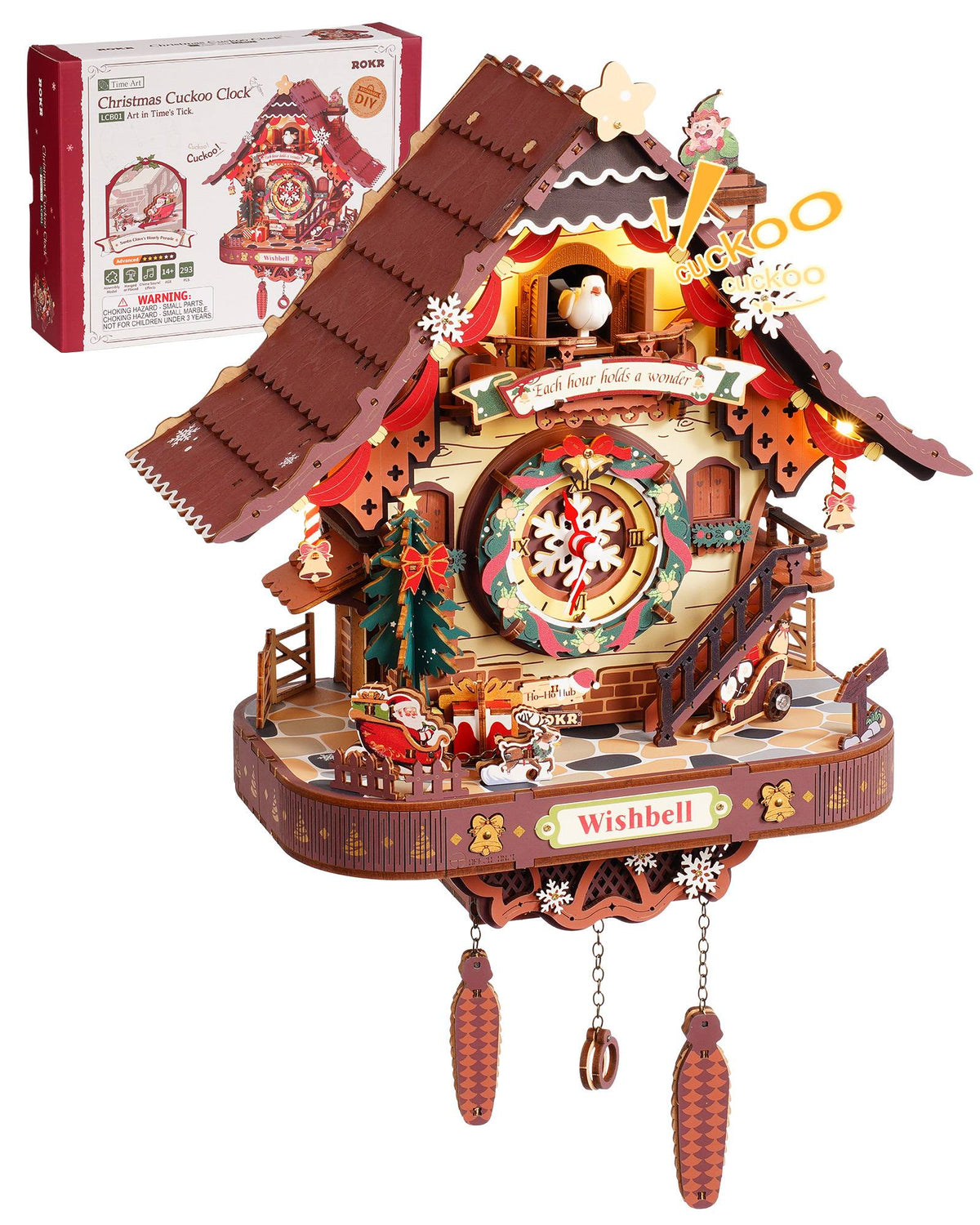 Wooden-Town Christmas Cuckoo Clock 3D wooden puzzle kit – front view of the clock with the kit box behind it