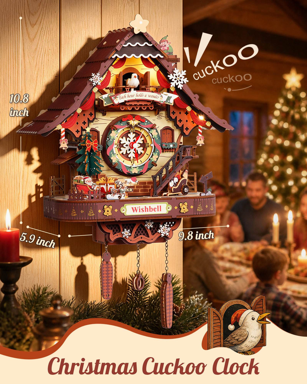 Wooden-Town Christmas Cuckoo Clock 3D wooden puzzle kit – clock hanging on a wall above a holiday dinner with dimensions 9.8 × 5.9 × 10.8 in
