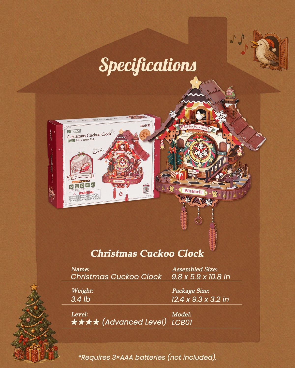 Wooden-Town Christmas Cuckoo Clock 3D wooden puzzle kit – specifications graphic with size, weight and advanced level rating