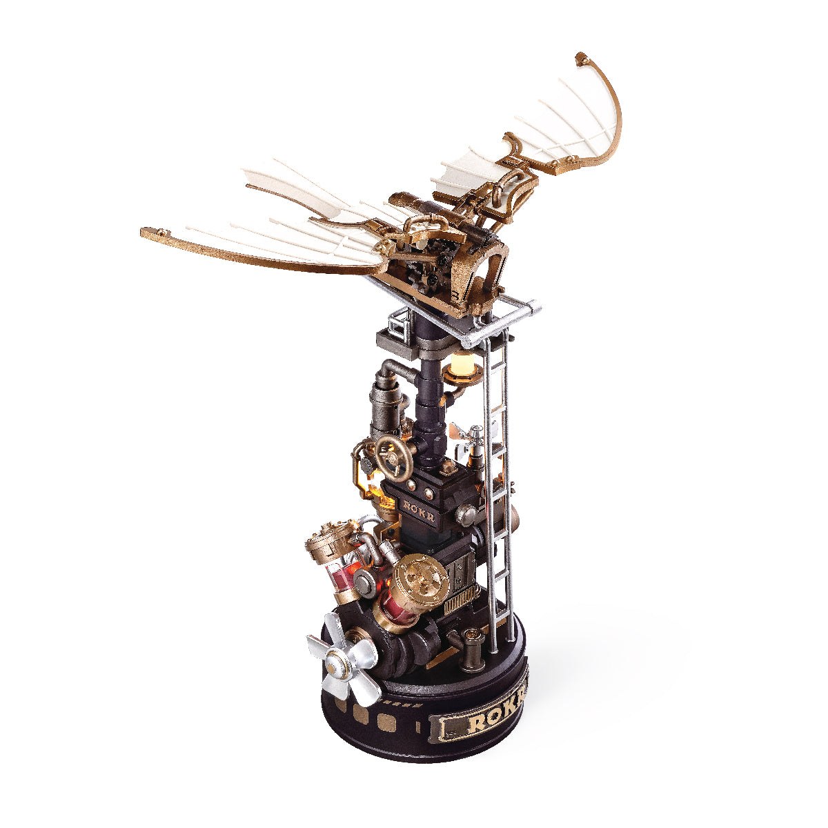 Wooden-Town Da Vinci's Ornithopter mechanical model kit – finished flapping-wing ornithopter on a tower with ladder and engine on a white background