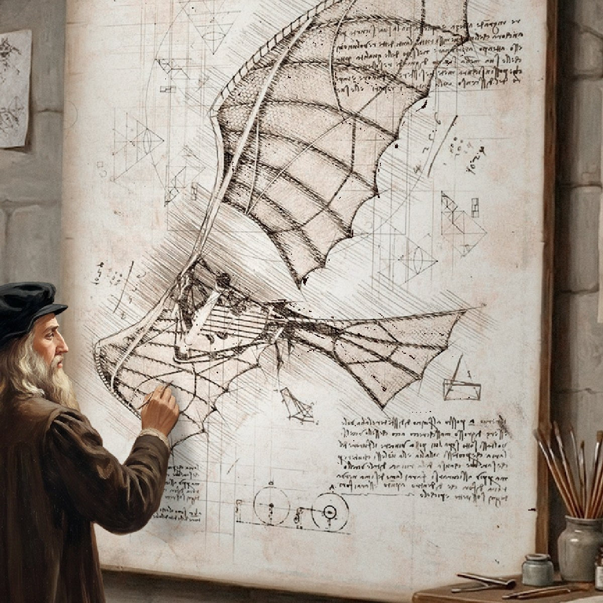 Wooden-Town Da Vinci's Ornithopter mechanical model kit – illustration of Leonardo da Vinci sketching a flying machine wing on a large canvas