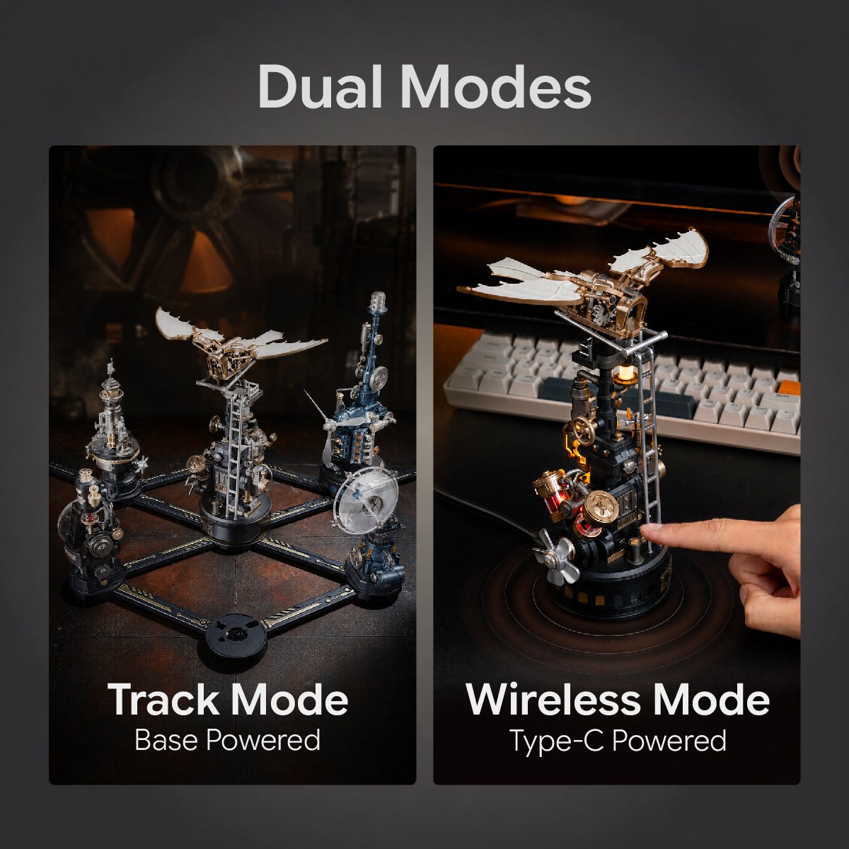 Wooden-Town Da Vinci's Ornithopter mechanical model kit – graphic comparing Track Mode on a power base and Wireless Mode with USB-C power