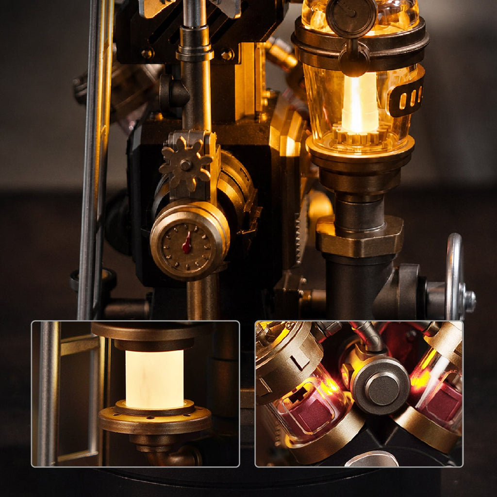 Wooden-Town Da Vinci's Ornithopter mechanical model kit – close-up of the glowing lamp and gauge with two detail insets