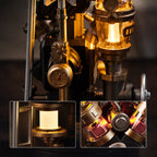 Wooden-Town Da Vinci's Ornithopter mechanical model kit – close-up of the glowing lamp and gauge with two detail insets