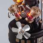 Wooden-Town Da Vinci's Ornithopter mechanical model kit – close-up of the twin-cylinder engine with red glowing cylinders and silver fan