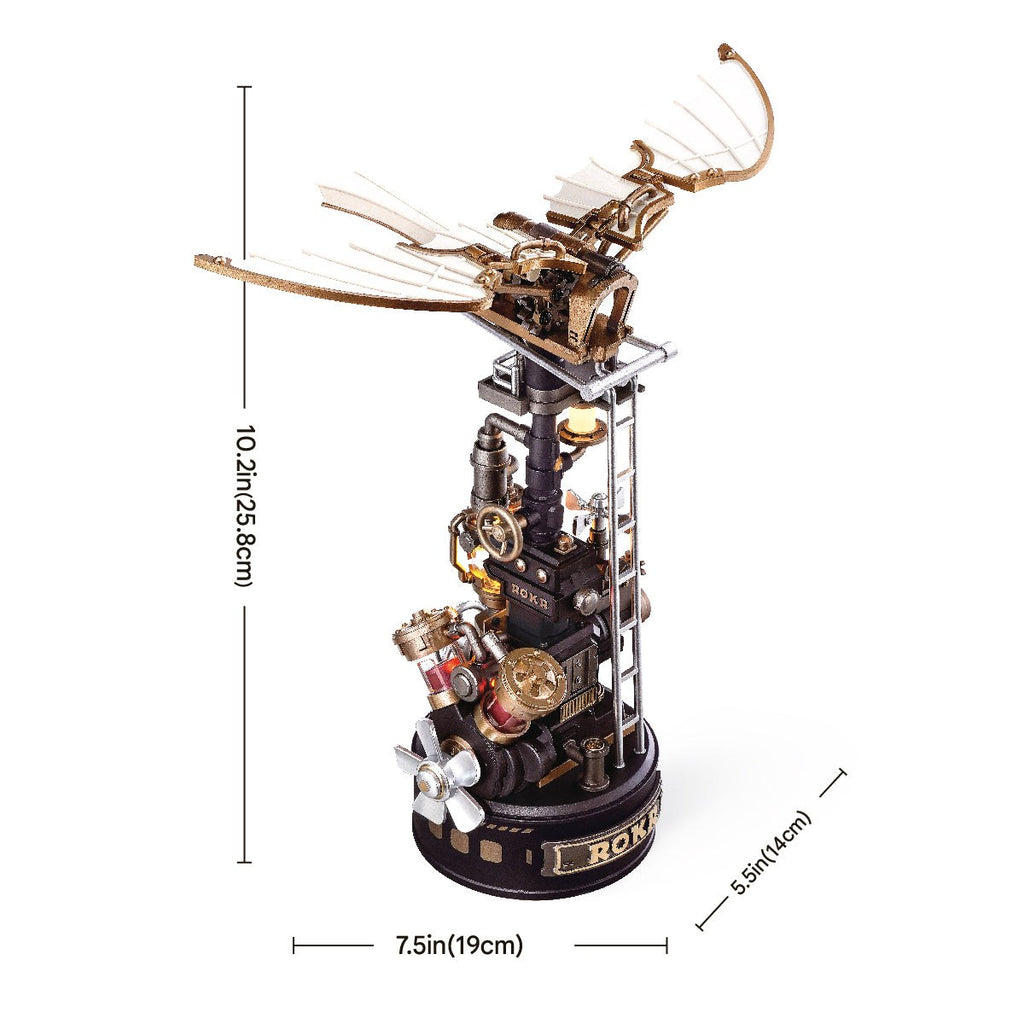 Wooden-Town Da Vinci's Ornithopter mechanical model kit – dimensions graphic, 19 × 14 × 25.8 cm (7.5 × 5.5 × 10.2 in)