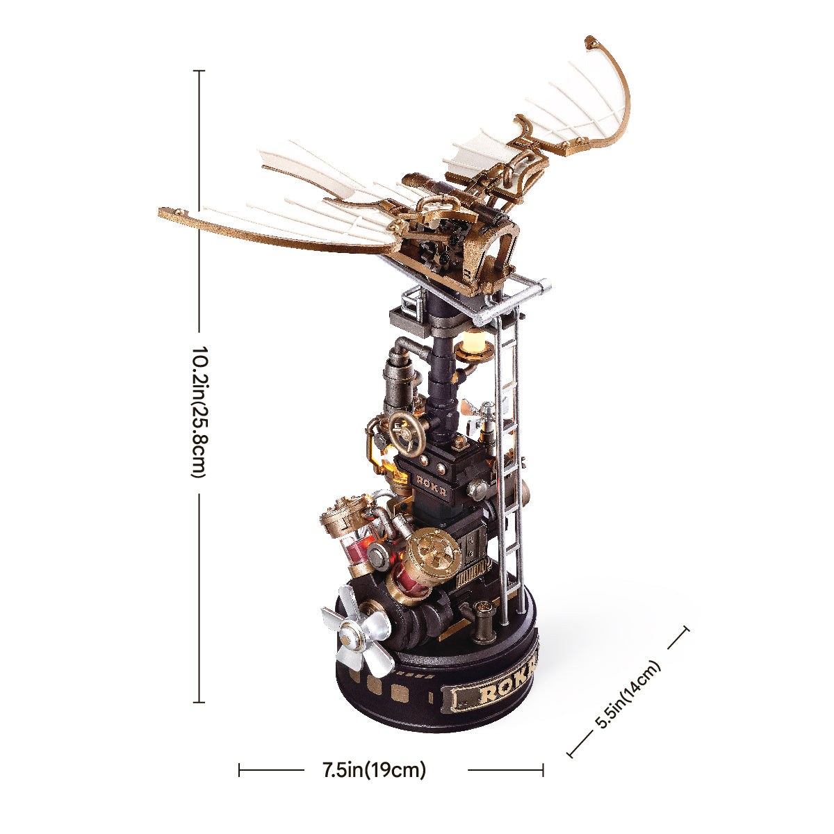Wooden-Town Da Vinci's Ornithopter mechanical model kit – dimensions graphic, 19 × 14 × 25.8 cm (7.5 × 5.5 × 10.2 in)