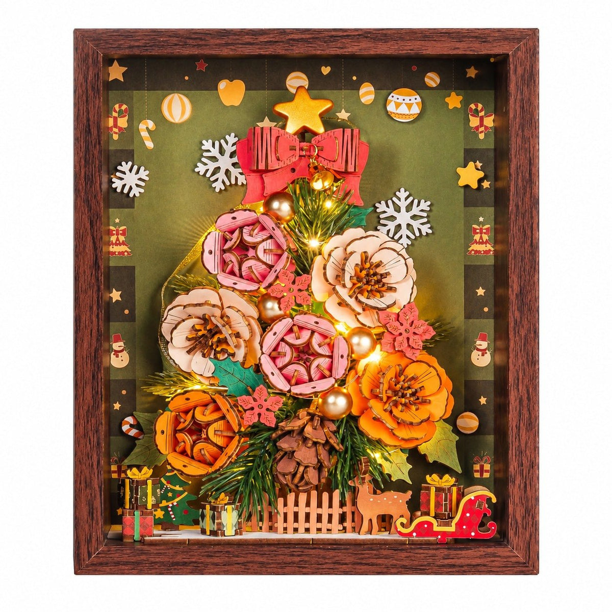 Wooden-Town Everglow Christmas Tree 3D puzzle kit – framed floral Christmas tree with red bow and gold star on a white background