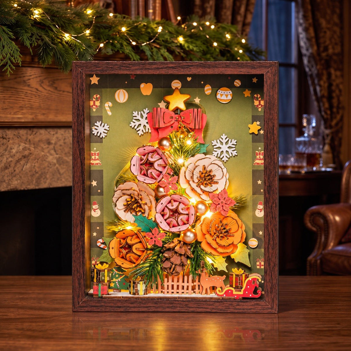 Wooden-Town Everglow Christmas Tree 3D puzzle kit – framed tree glowing with warm string lights in a cozy living room