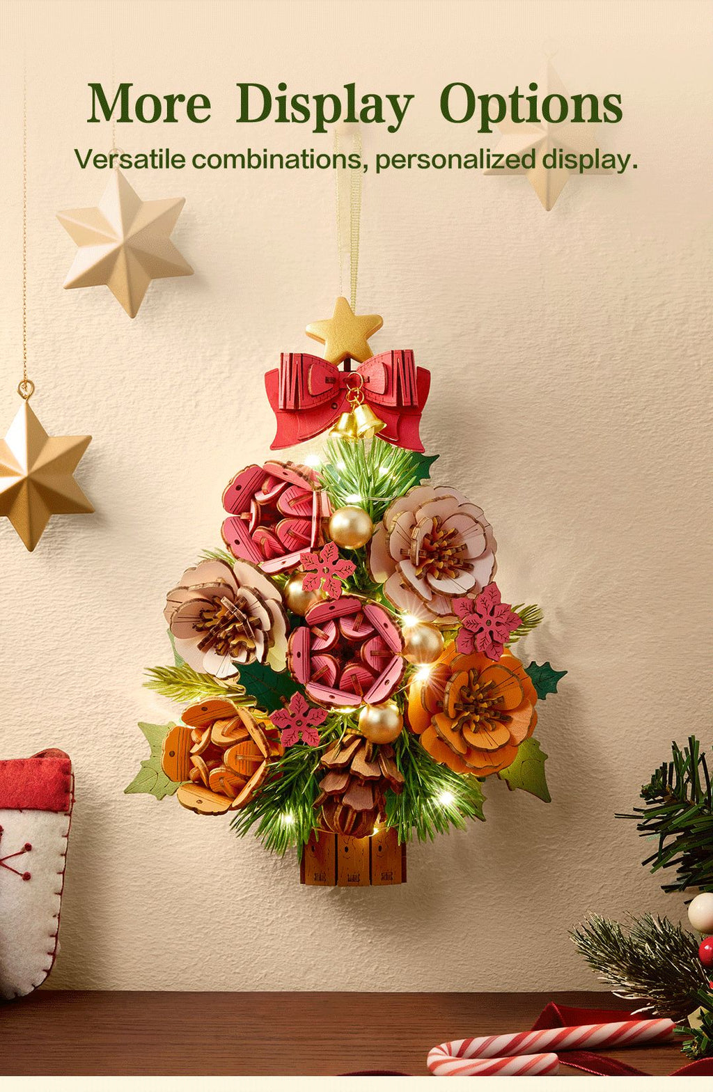 Wooden-Town Everglow Christmas Tree 3D puzzle kit – floral tree hanging on its own without the frame