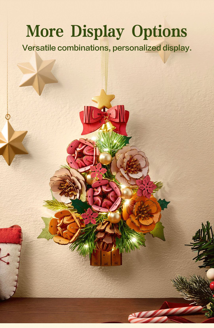 Wooden-Town Everglow Christmas Tree 3D puzzle kit – floral tree hanging on its own without the frame