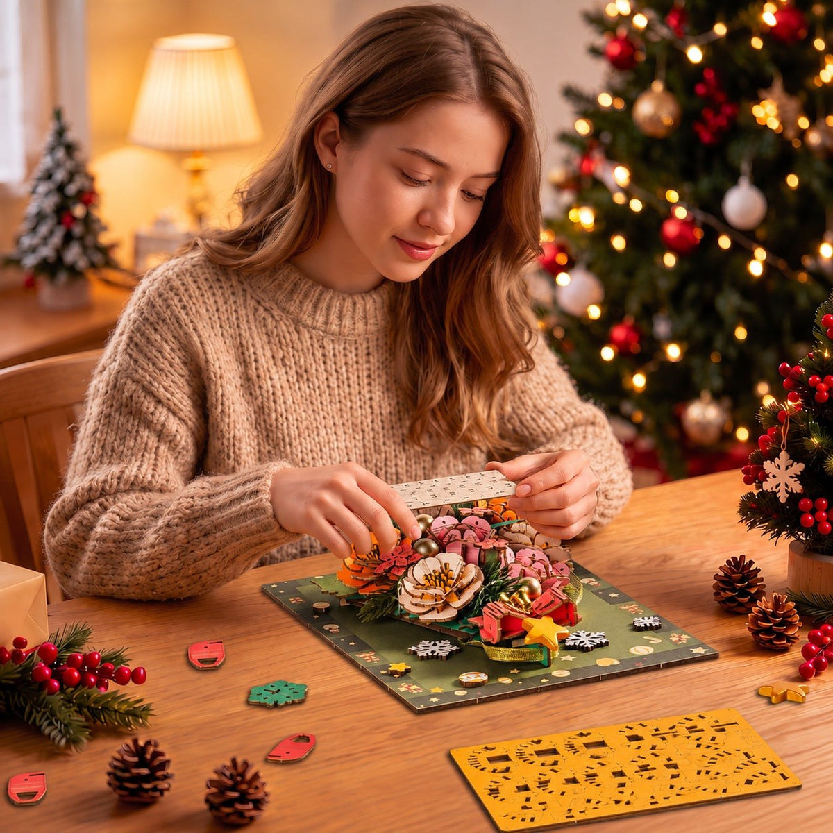 Wooden-Town Everglow Christmas Tree 3D puzzle kit – woman assembling the layered flowers at a table by the Christmas tree