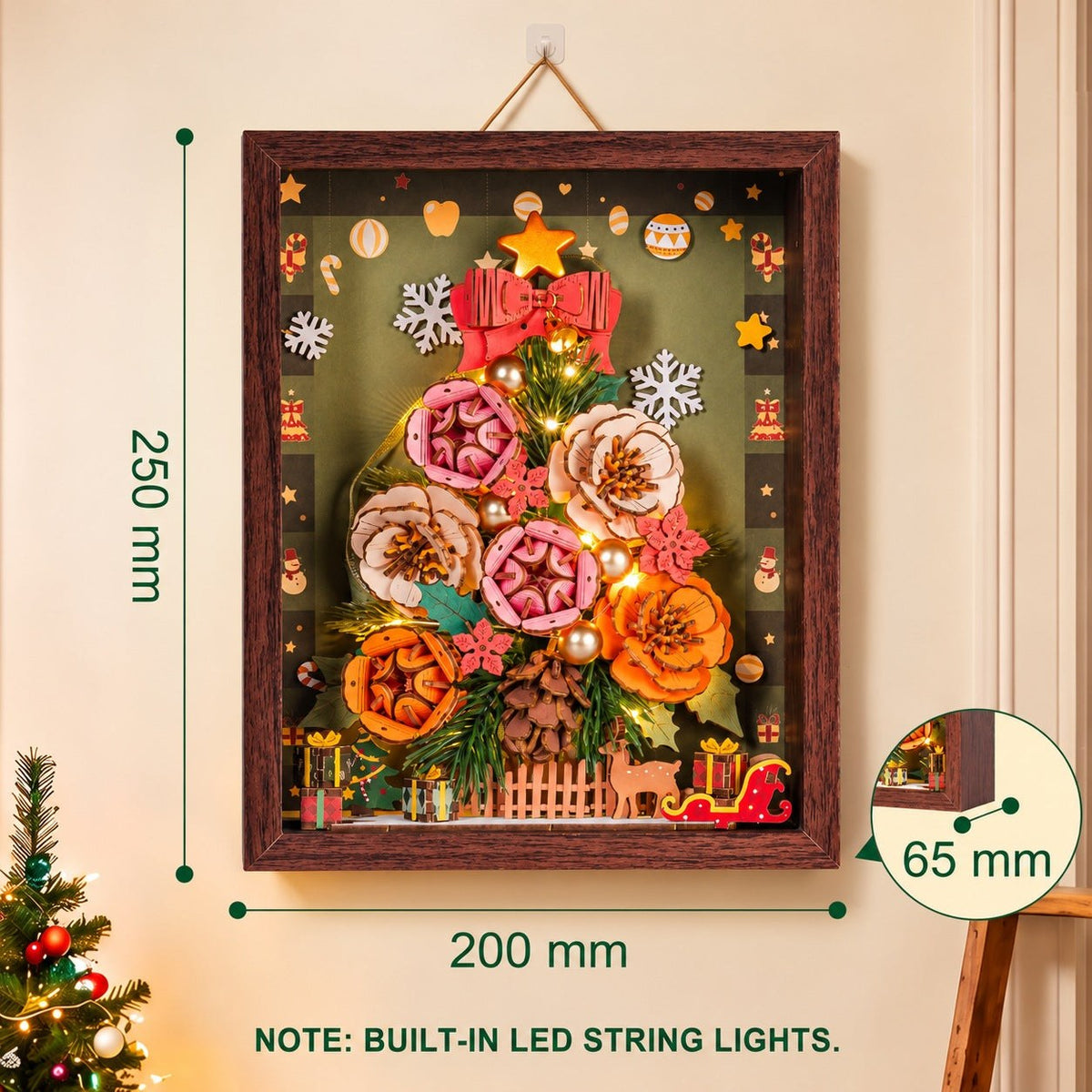 Wooden-Town Everglow Christmas Tree 3D puzzle kit – frame hanging on a wall with dimensions 200 × 250 × 65 mm